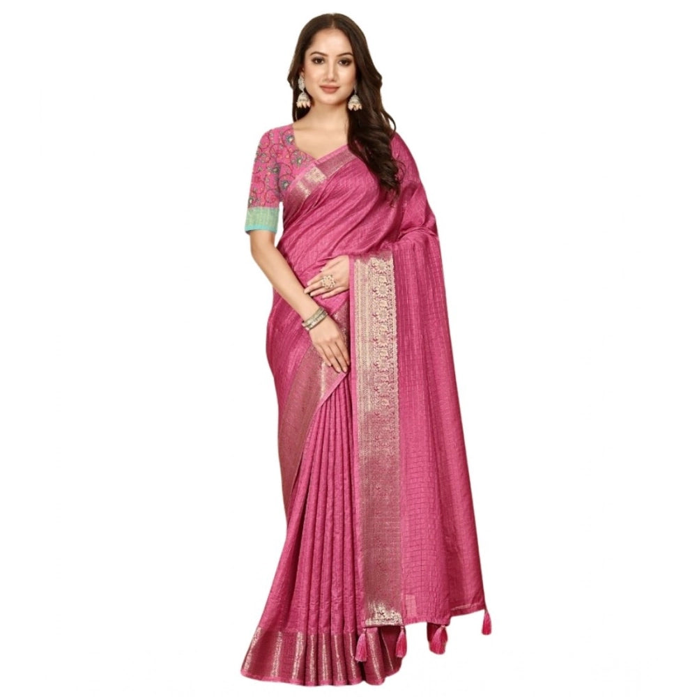 Generic Women's Cotton Blend Checkered Saree With Unstitched Blouse 5.5Mtr (Pink)