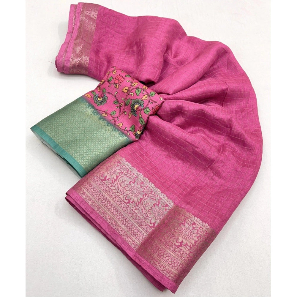 Generic Women's Cotton Blend Checkered Saree With Unstitched Blouse 5.5Mtr (Pink)