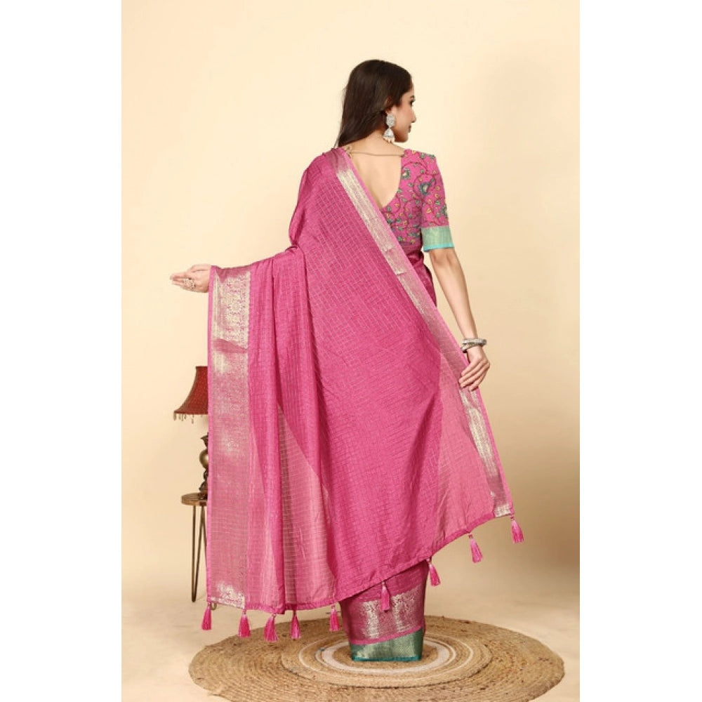 Generic Women's Cotton Blend Checkered Saree With Unstitched Blouse 5.5Mtr (Pink)