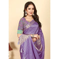 Generic Women's Cotton Blend Checkered Saree With Unstitched Blouse 5.5Mtr (Purple)