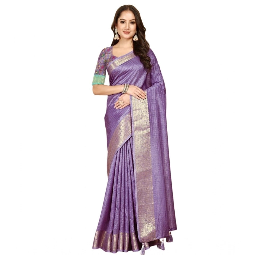 Generic Women's Cotton Blend Checkered Saree With Unstitched Blouse 5.5Mtr (Purple)