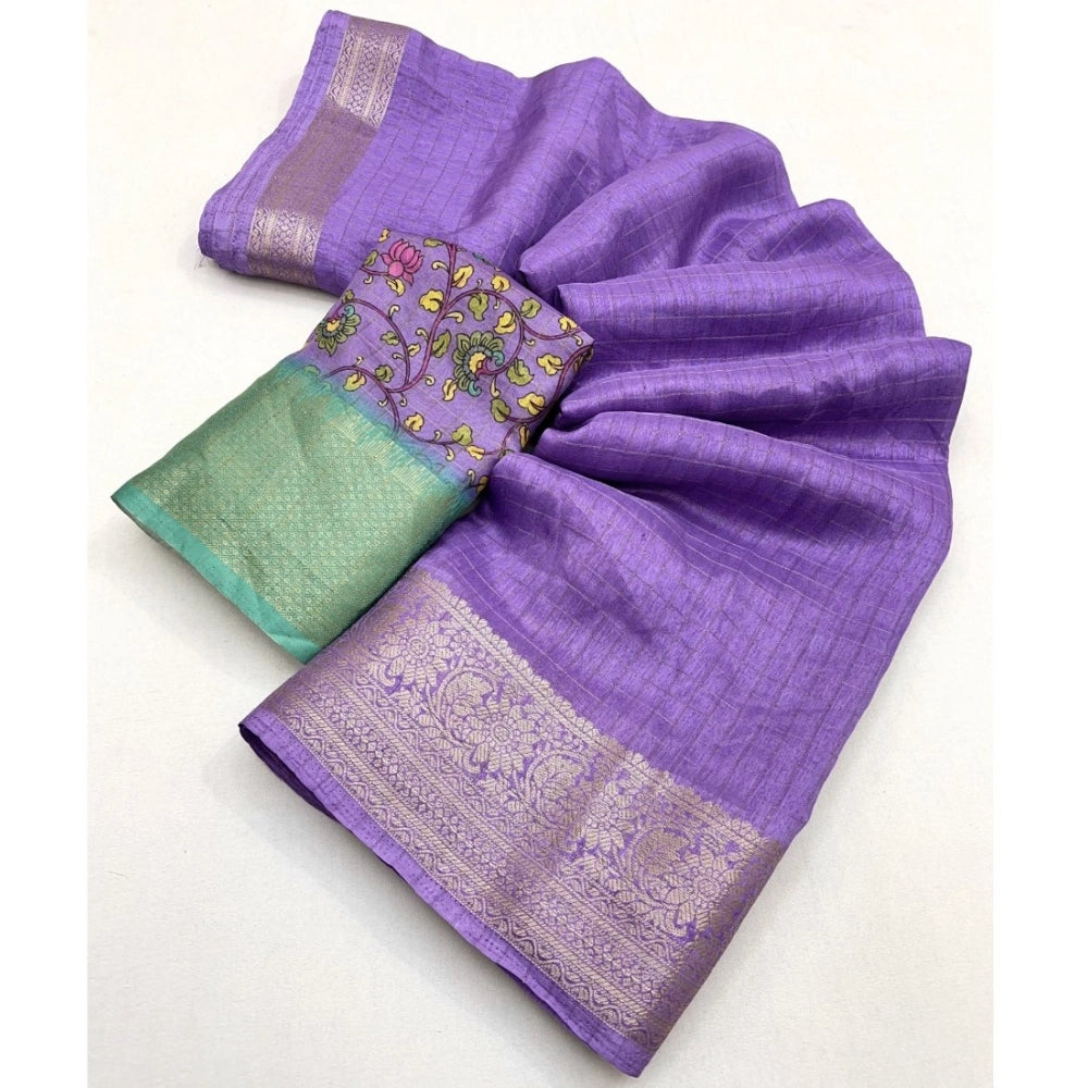 Generic Women's Cotton Blend Checkered Saree With Unstitched Blouse 5.5Mtr (Purple)