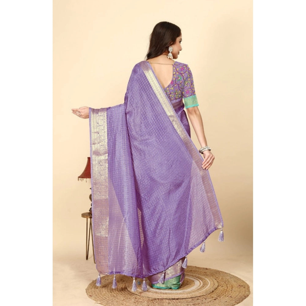 Generic Women's Cotton Blend Checkered Saree With Unstitched Blouse 5.5Mtr (Purple)
