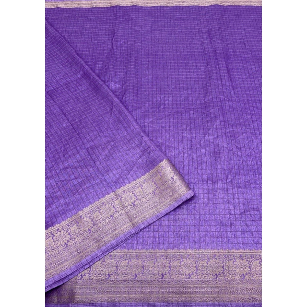 Generic Women's Cotton Blend Checkered Saree With Unstitched Blouse 5.5Mtr (Purple)