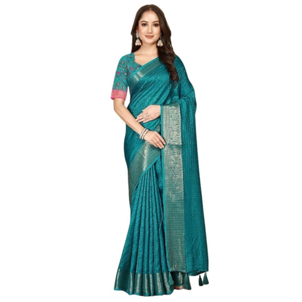 Generic Women's Cotton Blend Checkered Saree With Unstitched Blouse 5.5Mtr (Rama)