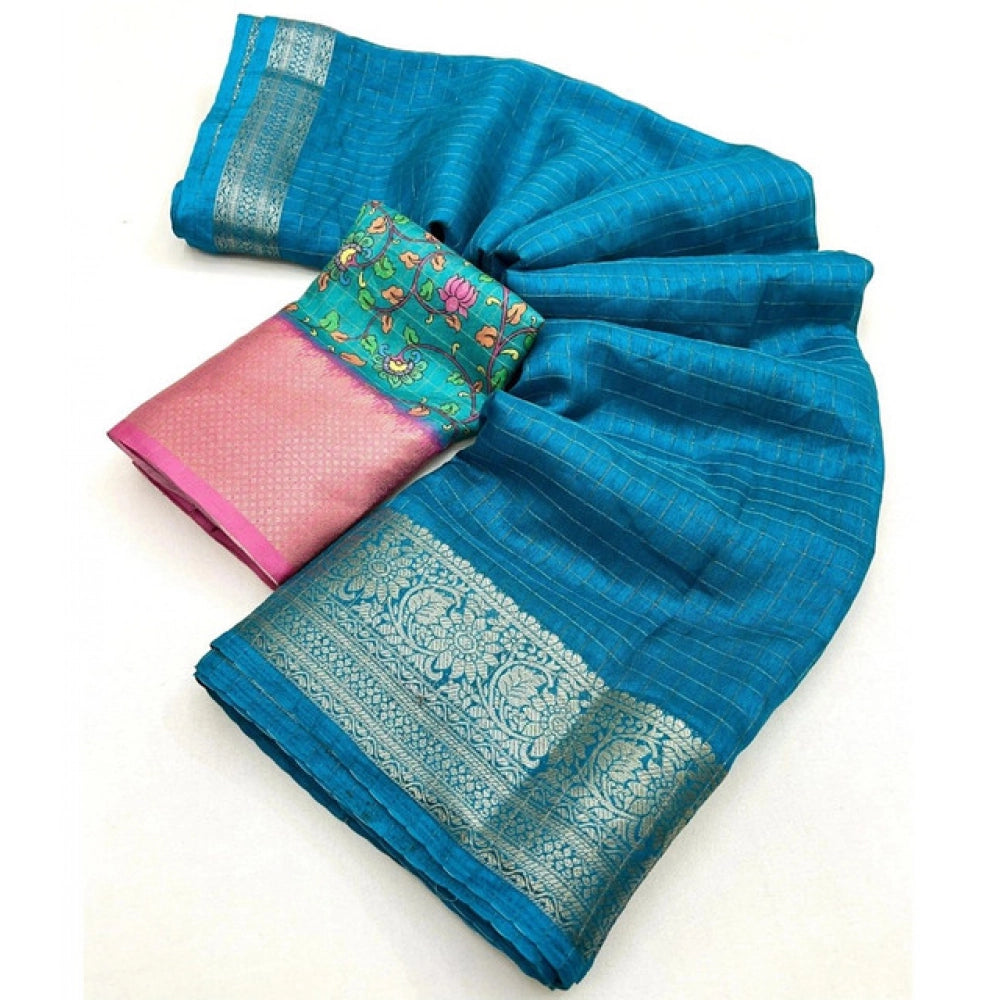 Generic Women's Cotton Blend Checkered Saree With Unstitched Blouse 5.5Mtr (Rama)