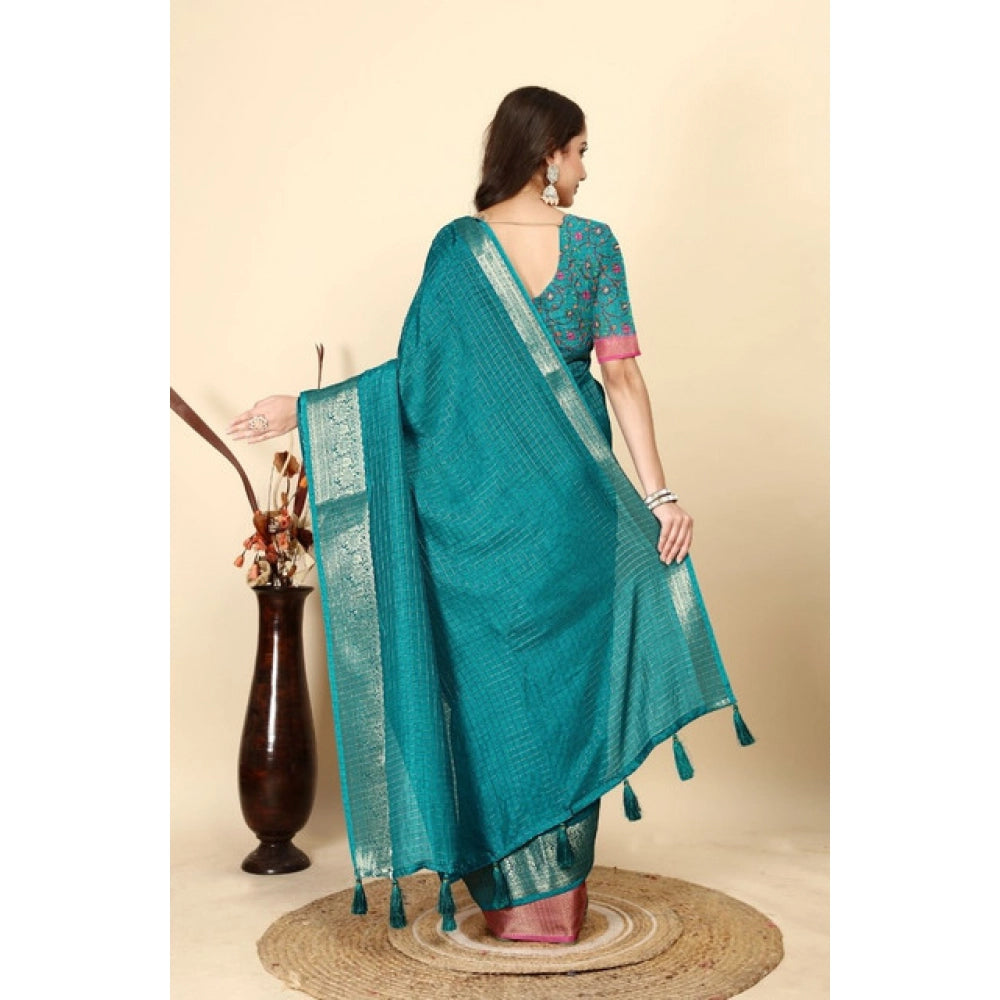 Generic Women's Cotton Blend Checkered Saree With Unstitched Blouse 5.5Mtr (Rama)
