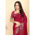 Generic Women's Cotton Blend Checkered Saree With Unstitched Blouse 5.5Mtr (Red)