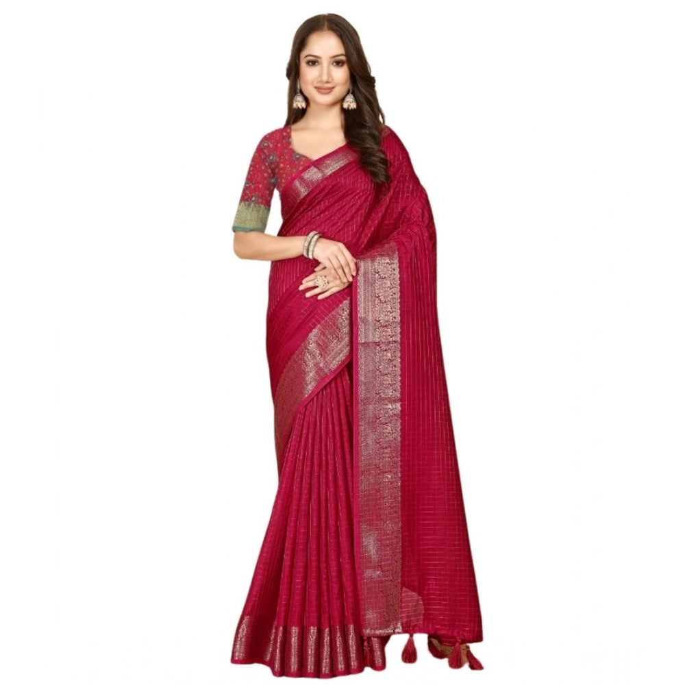 Generic Women's Cotton Blend Checkered Saree With Unstitched Blouse 5.5Mtr (Red)