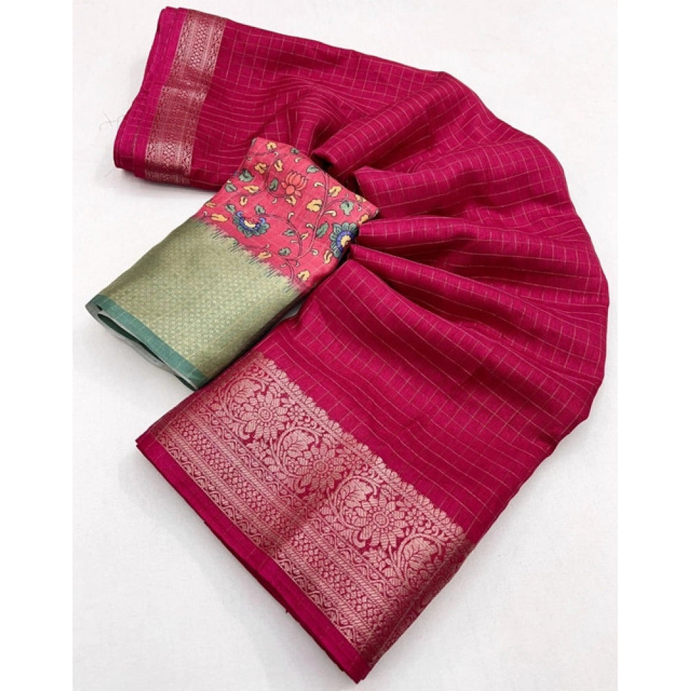 Generic Women's Cotton Blend Checkered Saree With Unstitched Blouse 5.5Mtr (Red)