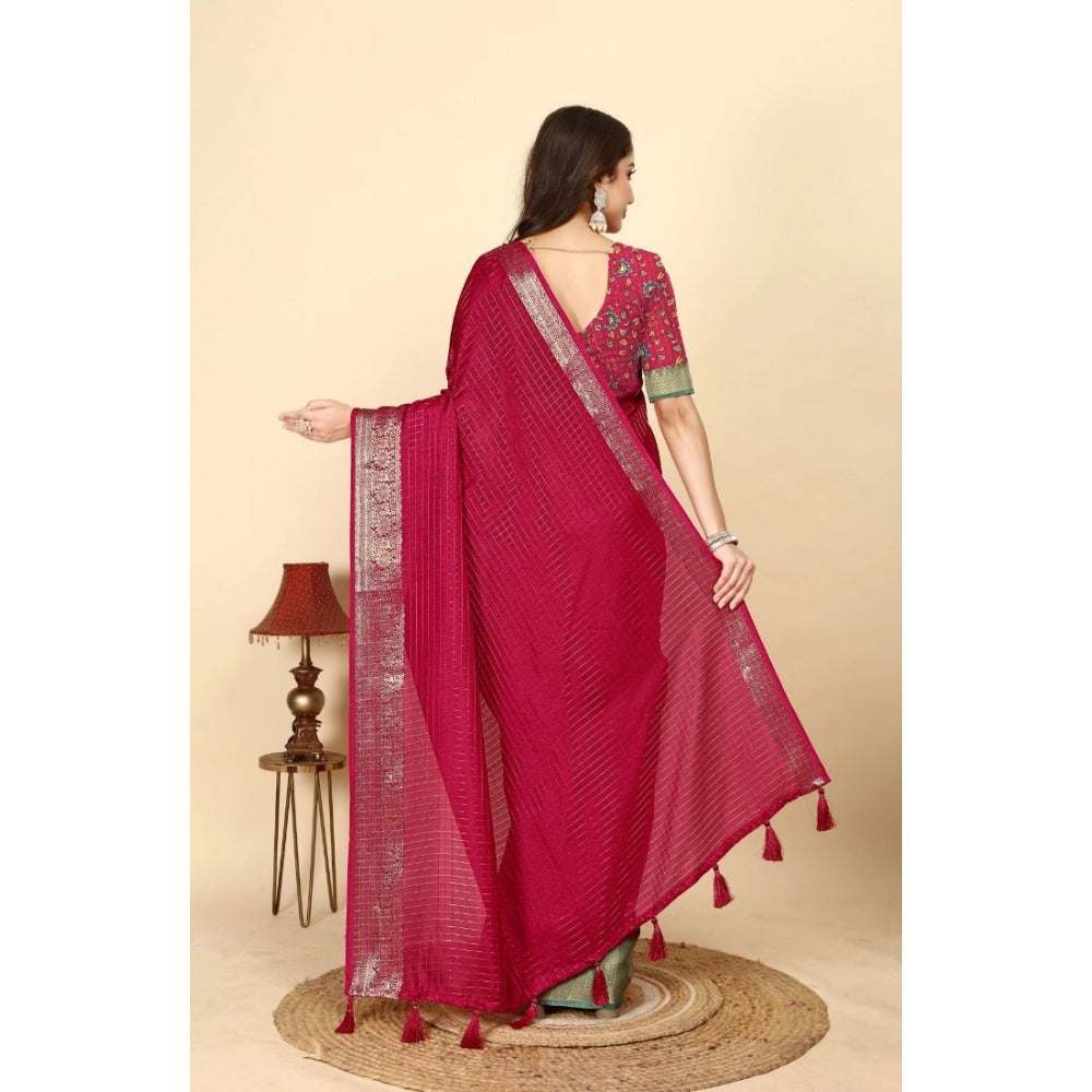 Generic Women's Cotton Blend Checkered Saree With Unstitched Blouse 5.5Mtr (Red)