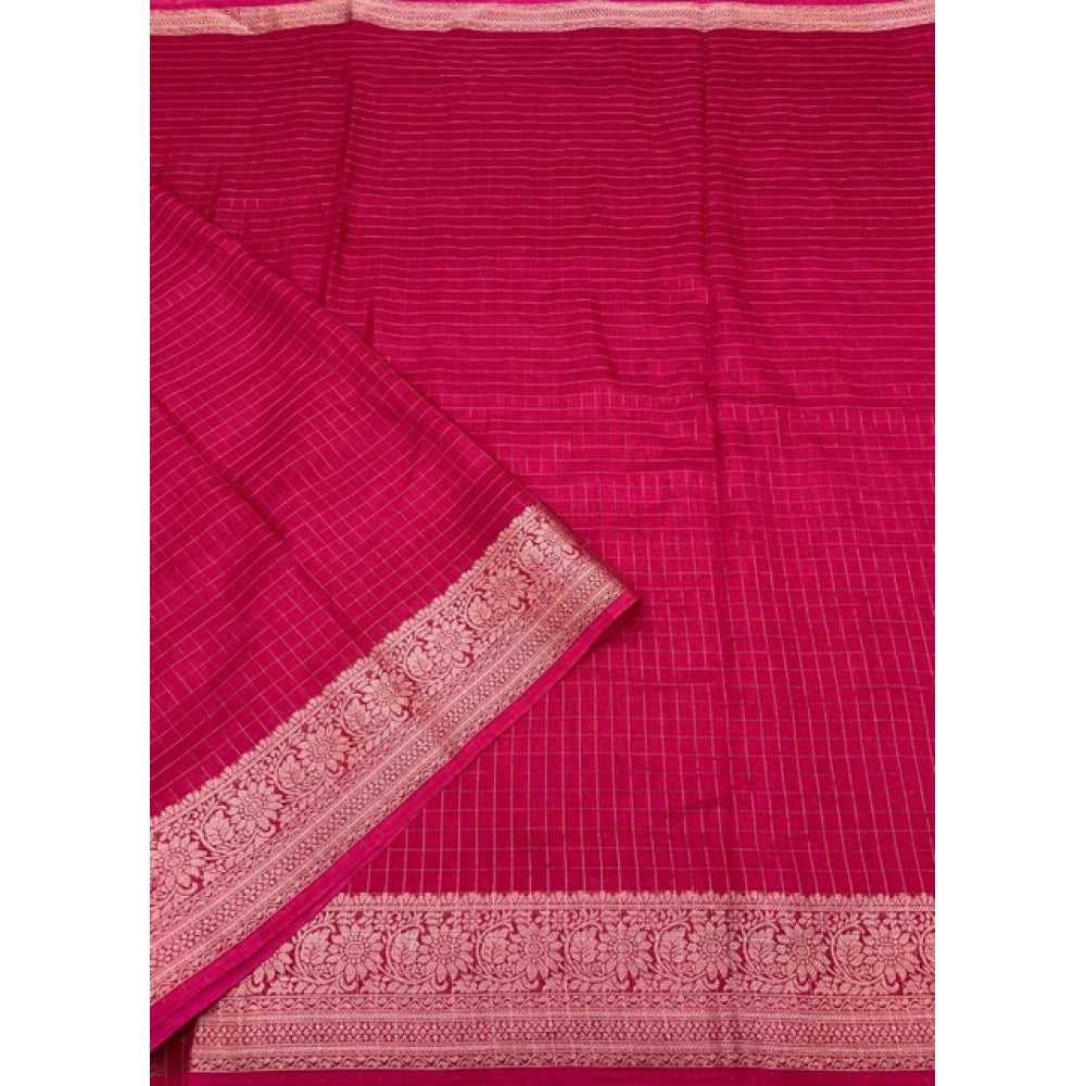 Generic Women's Cotton Blend Checkered Saree With Unstitched Blouse 5.5Mtr (Red)