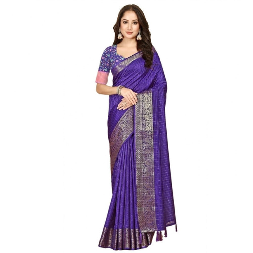 Generic Women's Cotton Blend Checkered Saree With Unstitched Blouse 5.5Mtr (Royal Blue)
