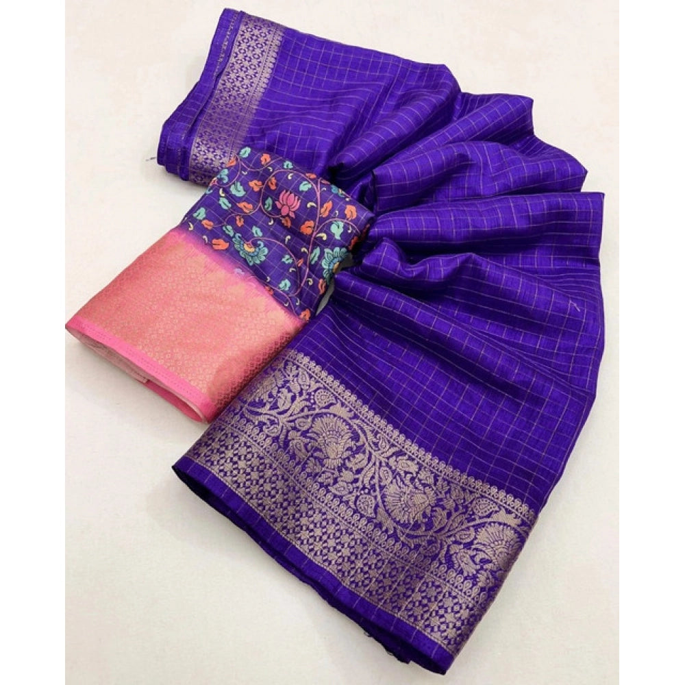 Generic Women's Cotton Blend Checkered Saree With Unstitched Blouse 5.5Mtr (Royal Blue)