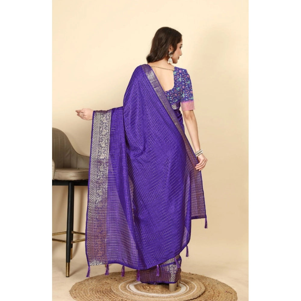 Generic Women's Cotton Blend Checkered Saree With Unstitched Blouse 5.5Mtr (Royal Blue)