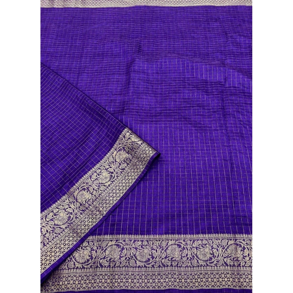 Generic Women's Cotton Blend Checkered Saree With Unstitched Blouse 5.5Mtr (Royal Blue)