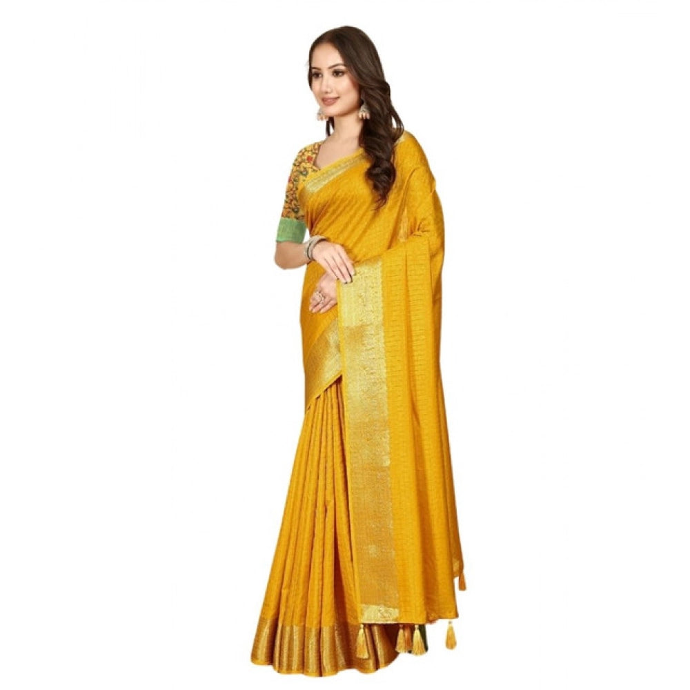 Generic Women's Cotton Blend Checkered Saree With Unstitched Blouse 5.5Mtr (Yellow)