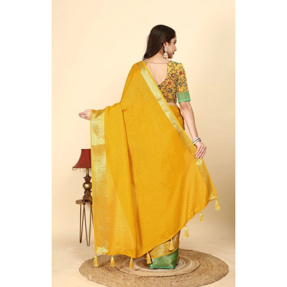 Generic Women's Cotton Blend Checkered Saree With Unstitched Blouse 5.5Mtr (Yellow)