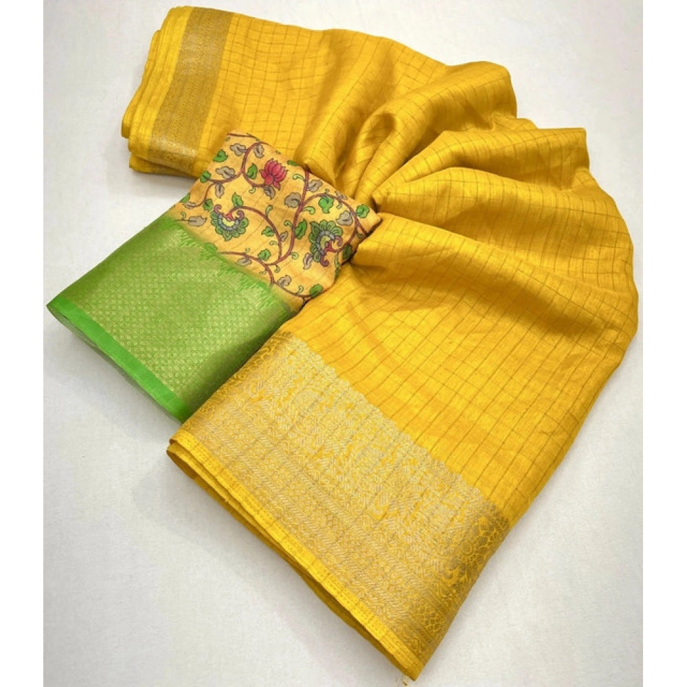 Generic Women's Cotton Blend Checkered Saree With Unstitched Blouse 5.5Mtr (Yellow)