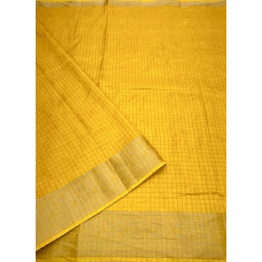 Generic Women's Cotton Blend Checkered Saree With Unstitched Blouse 5.5Mtr (Yellow)