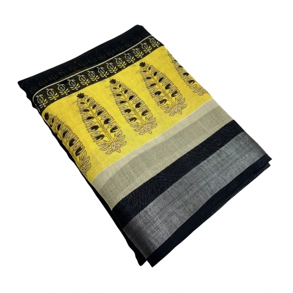 Generic Women's Cotton Linen Printed Saree With Unstitched Blouse 5.5Mtr (Black)