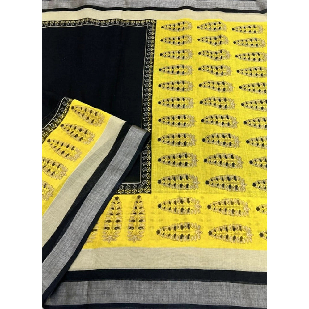 Generic Women's Cotton Linen Printed Saree With Unstitched Blouse 5.5Mtr (Black)
