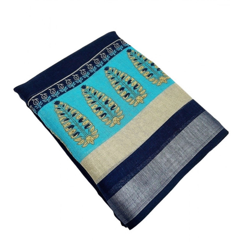 Generic Women's Cotton Linen Printed Saree With Unstitched Blouse 5.5Mtr (Blue)