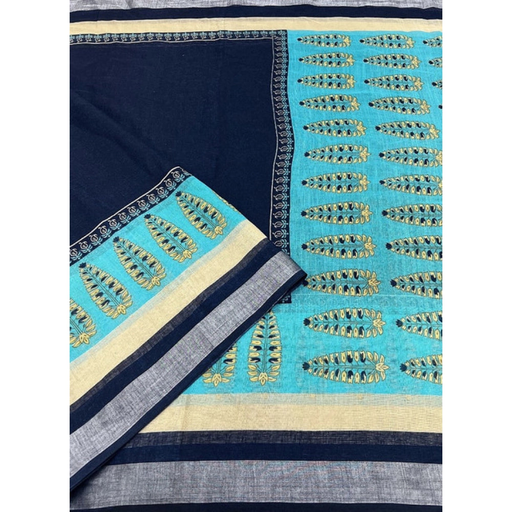 Generic Women's Cotton Linen Printed Saree With Unstitched Blouse 5.5Mtr (Blue)