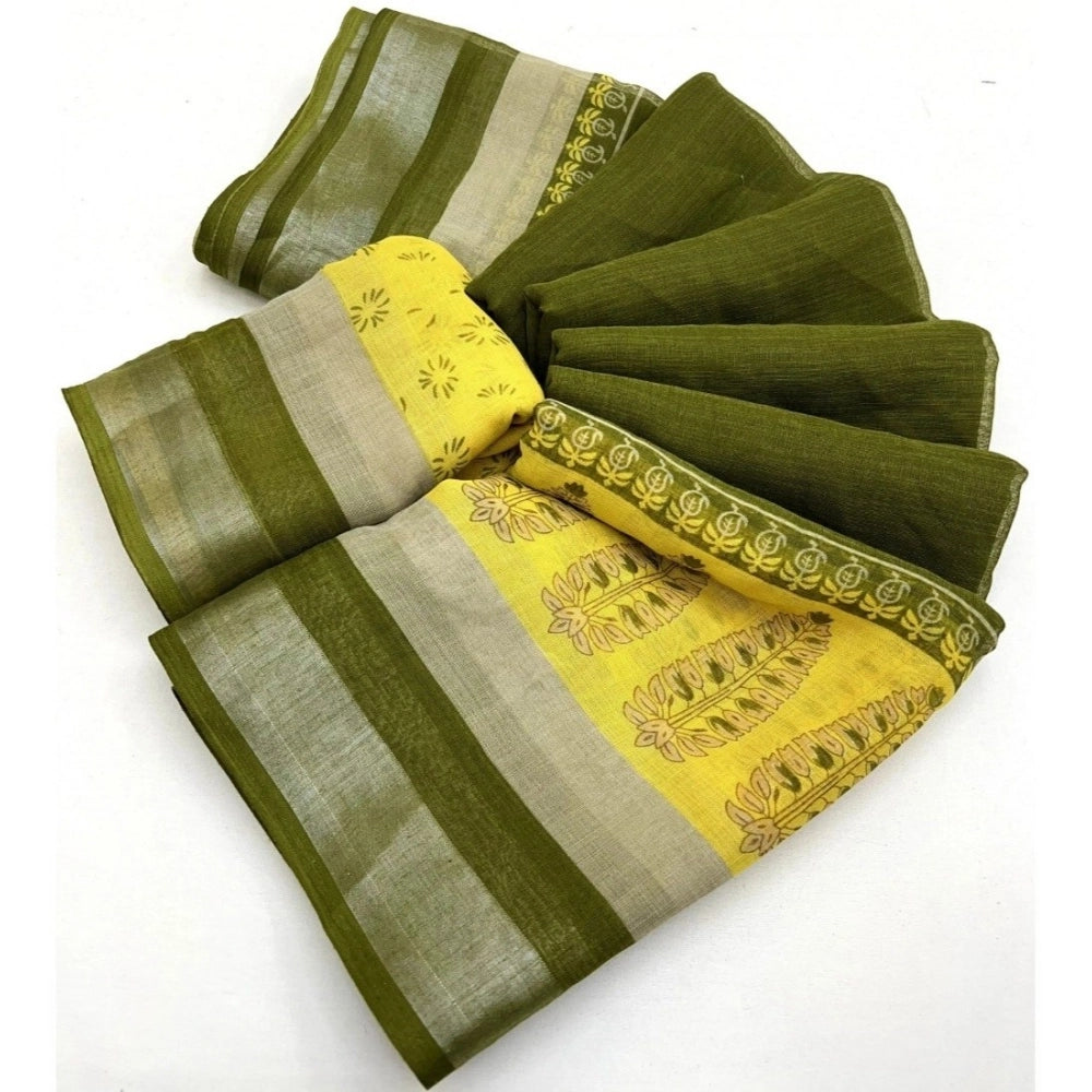 Generic Women's Cotton Linen Printed Saree With Unstitched Blouse 5.5Mtr (Green)