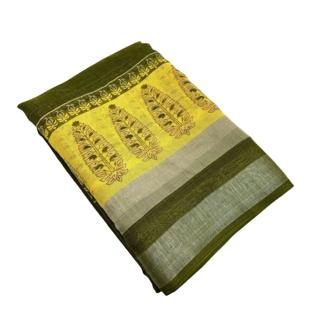 Generic Women's Cotton Linen Printed Saree With Unstitched Blouse 5.5Mtr (Green)
