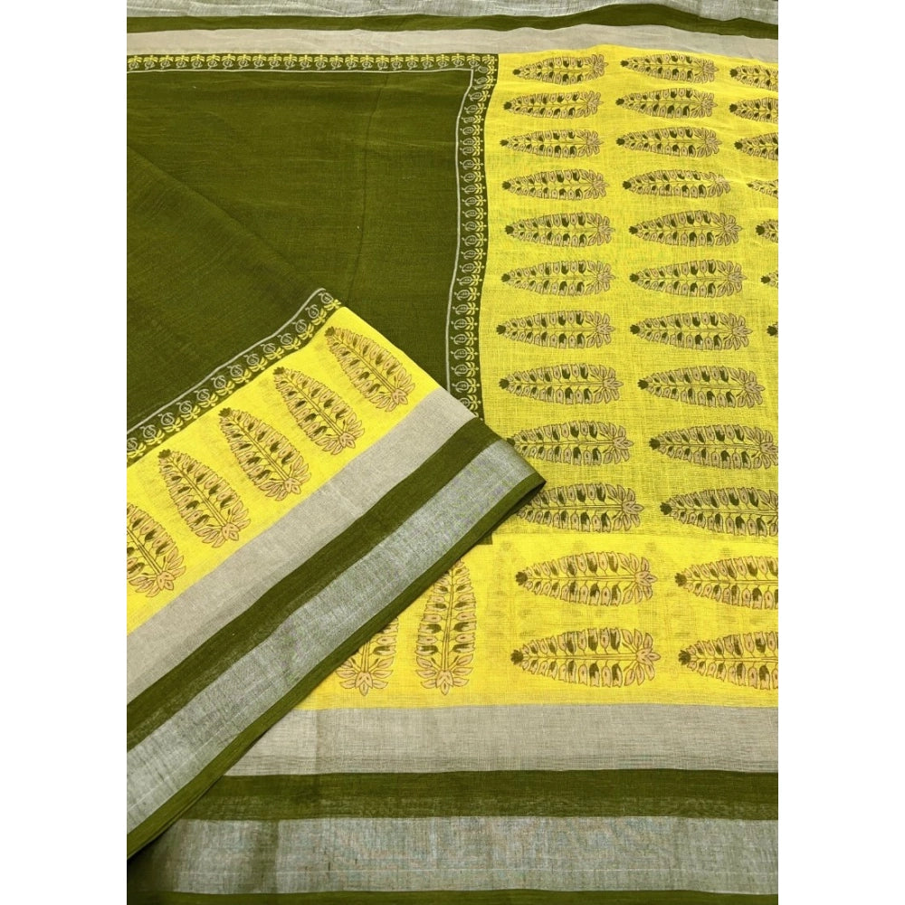 Generic Women's Cotton Linen Printed Saree With Unstitched Blouse 5.5Mtr (Green)