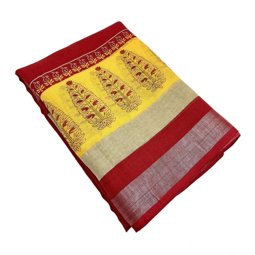 Generic Women's Cotton Linen Printed Saree With Unstitched Blouse 5.5Mtr (Red)