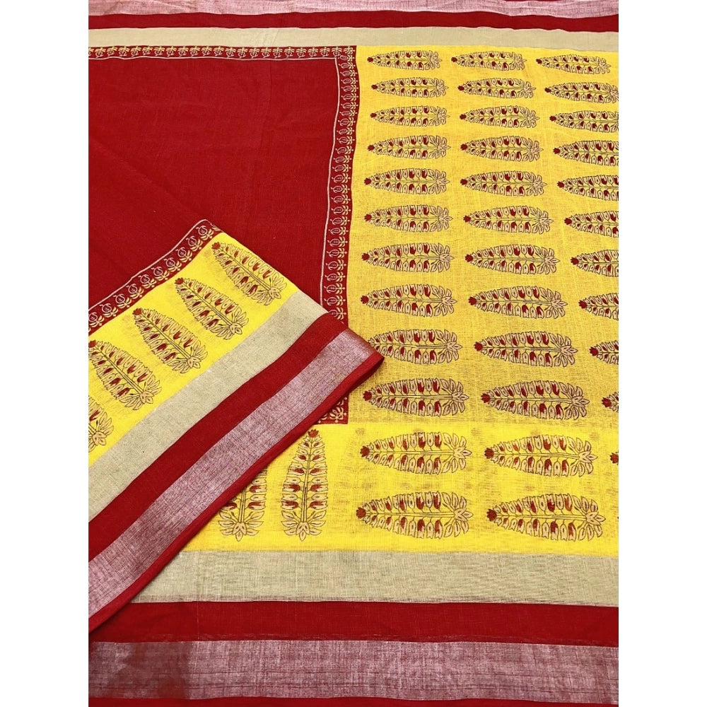 Generic Women's Cotton Linen Printed Saree With Unstitched Blouse 5.5Mtr (Red)