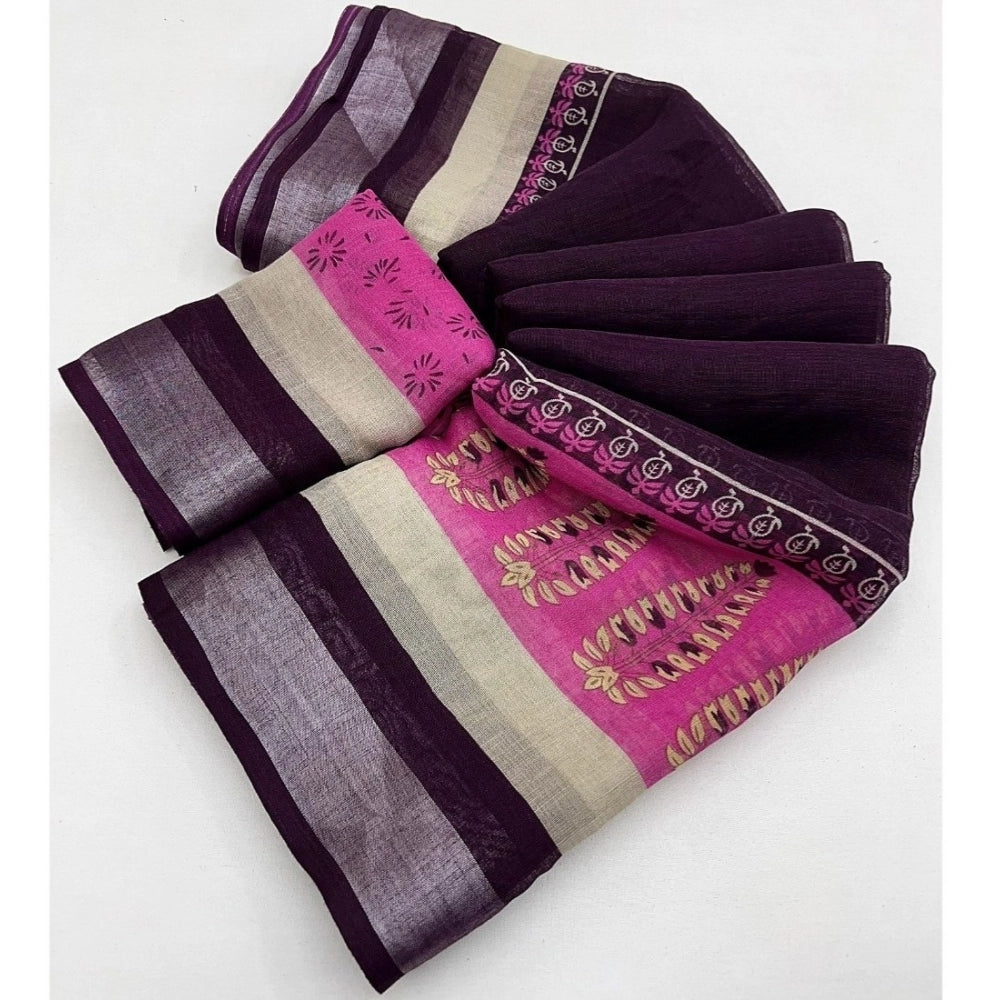 Generic Women's Cotton Linen Printed Saree With Unstitched Blouse 5.5Mtr (Wine)
