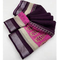 Generic Women's Cotton Linen Printed Saree With Unstitched Blouse 5.5Mtr (Wine)