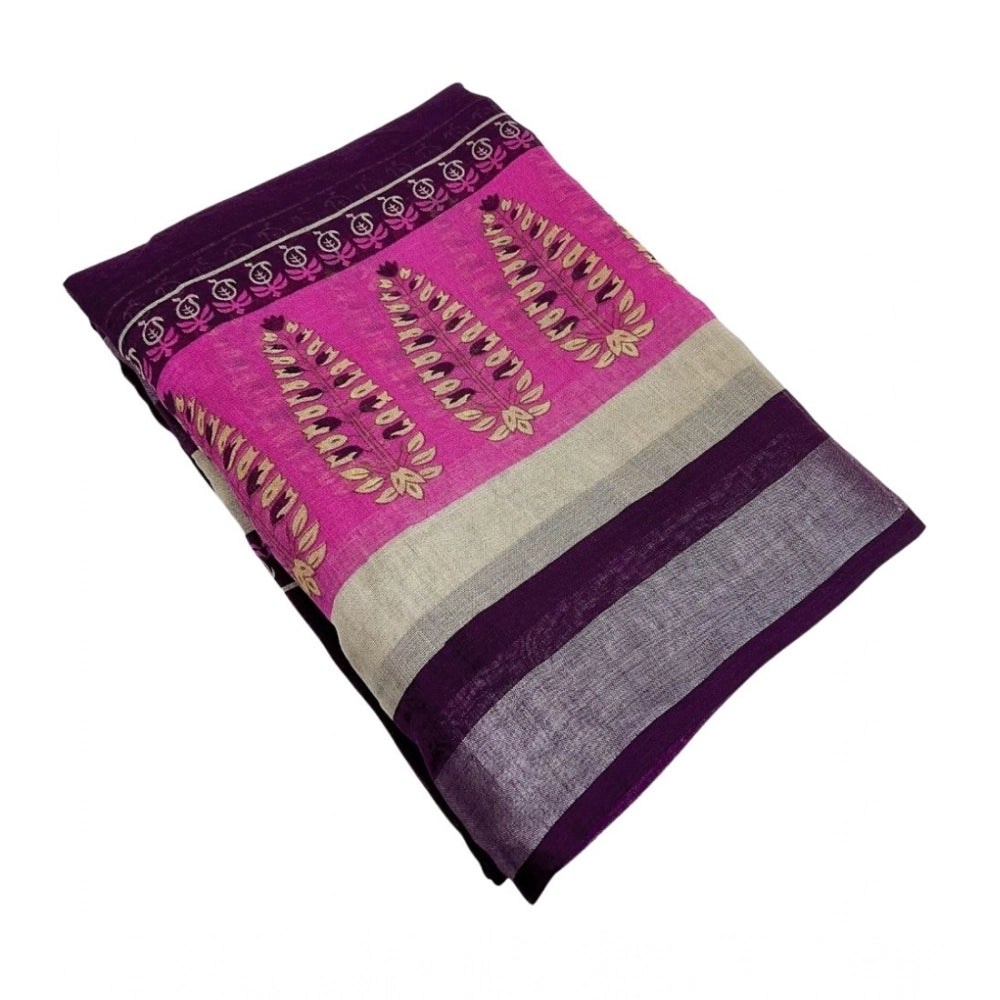 Generic Women's Cotton Linen Printed Saree With Unstitched Blouse 5.5Mtr (Wine)