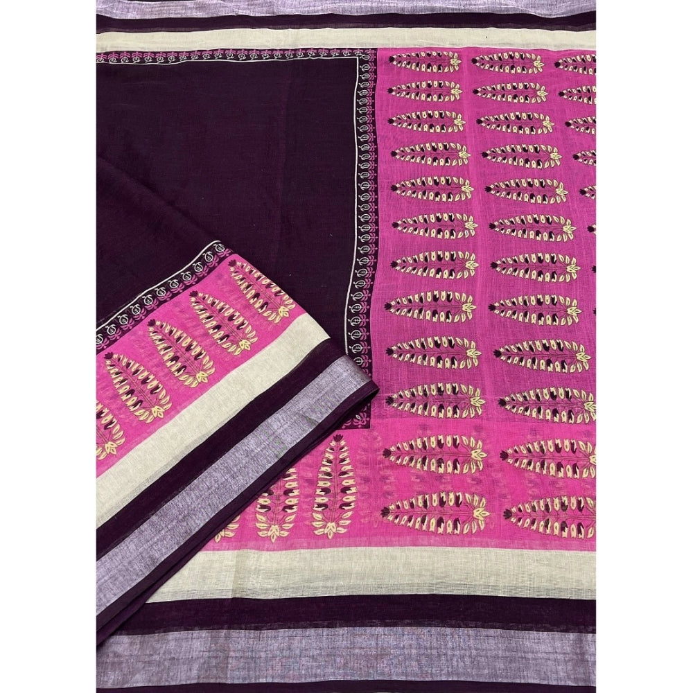 Generic Women's Cotton Linen Printed Saree With Unstitched Blouse 5.5Mtr (Wine)