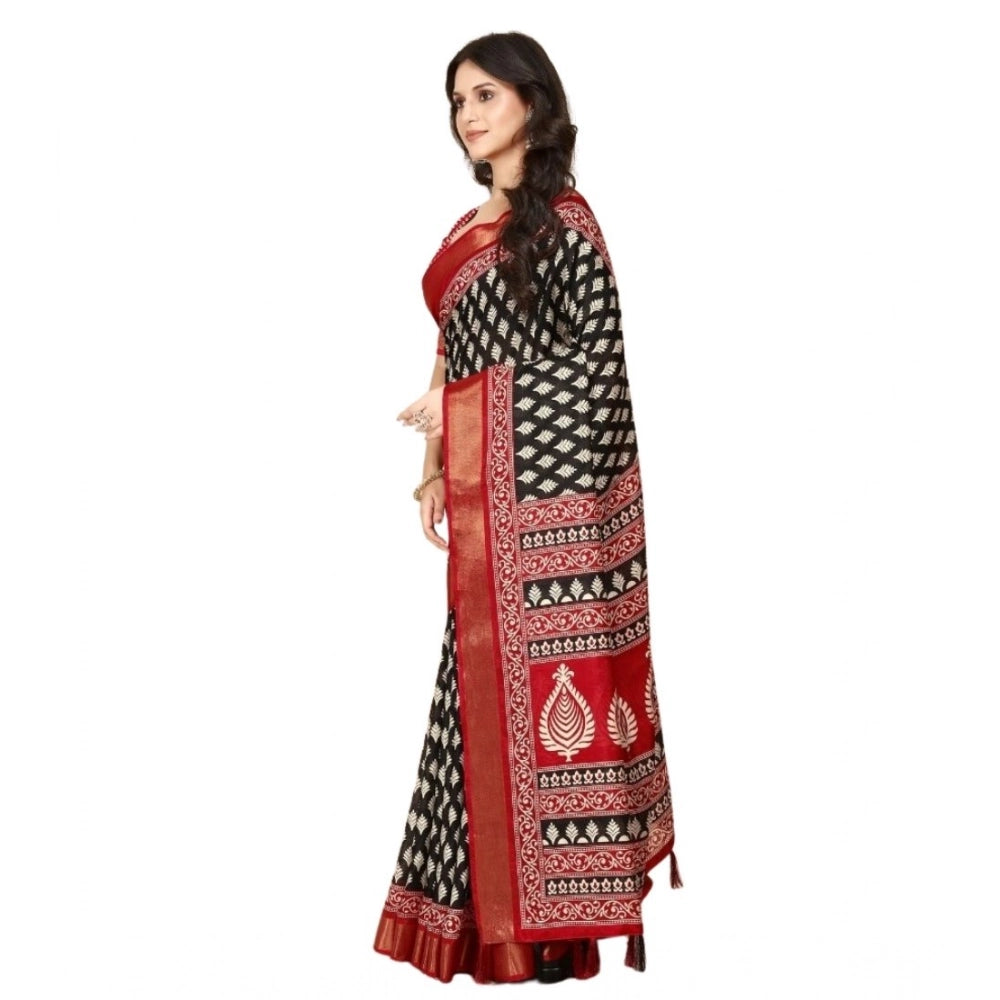 Generic Women's Cotton Silk Printed Saree With Unstitched Blouse 5.5Mtr (Black)