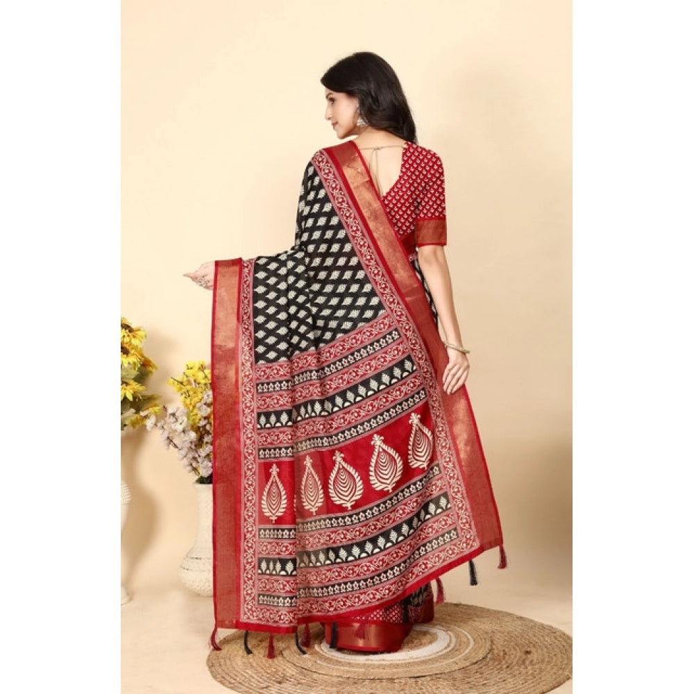 Generic Women's Cotton Silk Printed Saree With Unstitched Blouse 5.5Mtr (Black)