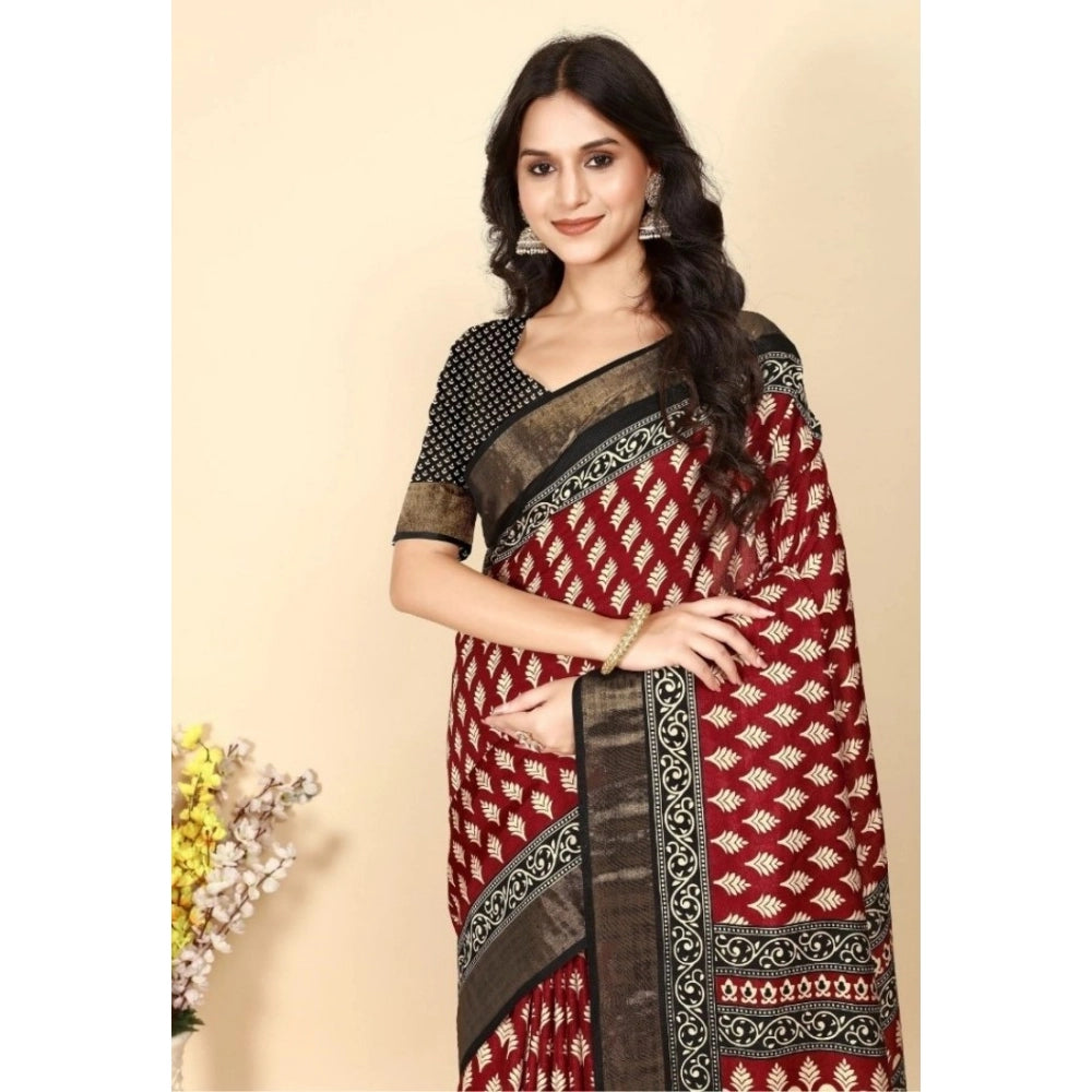 Generic Women's Cotton Silk Printed Saree With Unstitched Blouse 5.5Mtr (Red)