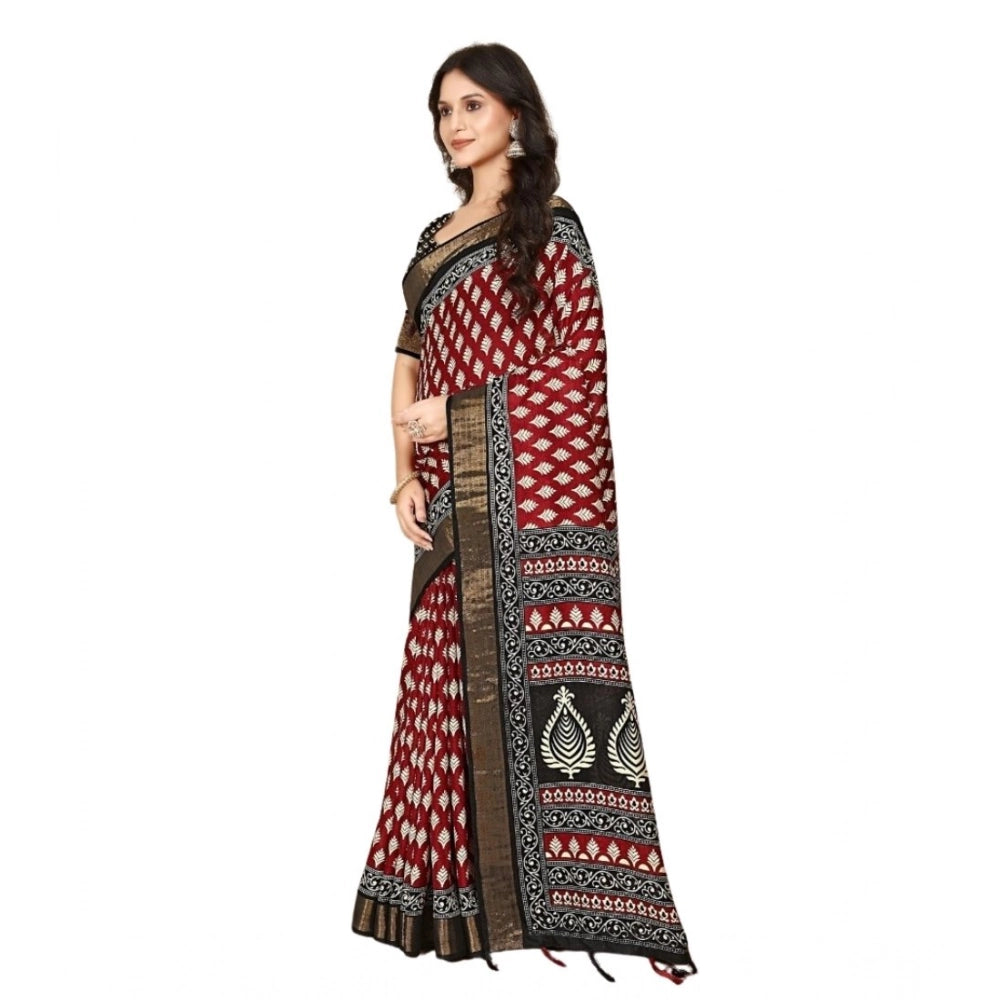 Generic Women's Cotton Silk Printed Saree With Unstitched Blouse 5.5Mtr (Red)