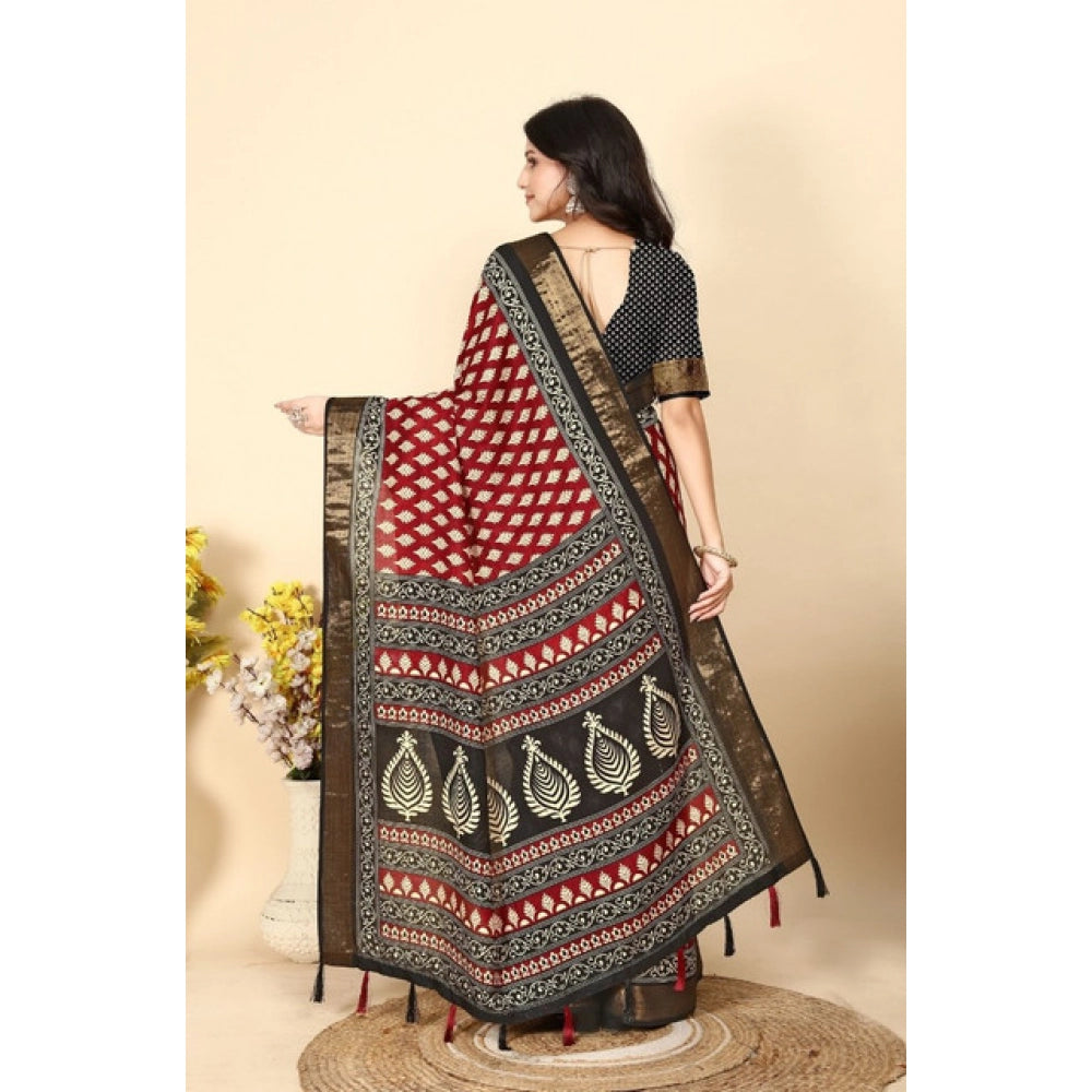Generic Women's Cotton Silk Printed Saree With Unstitched Blouse 5.5Mtr (Red)