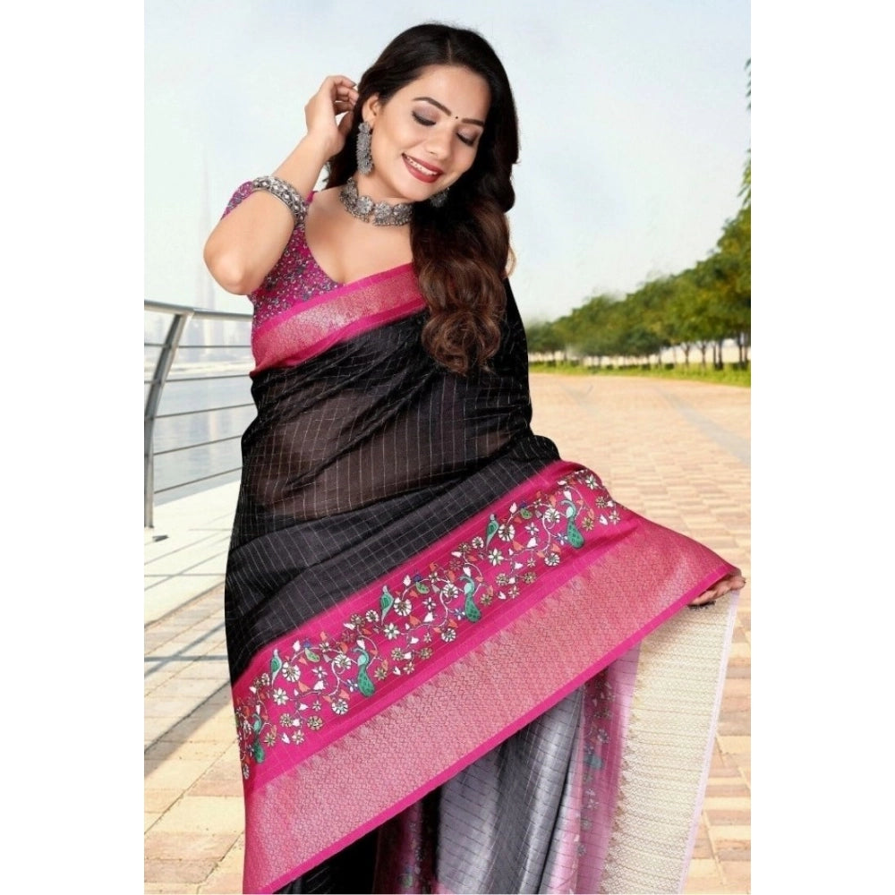 Generic Women's Cotton Silk Printed Saree With Unstitched Blouse 5.5Mtr (Black-Pink)