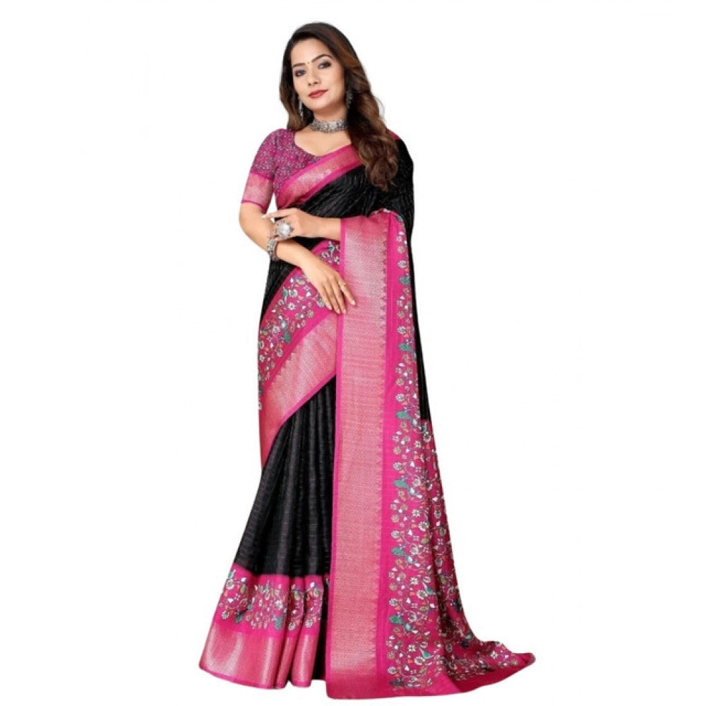 Generic Women's Cotton Silk Printed Saree With Unstitched Blouse 5.5Mtr (Black-Pink)