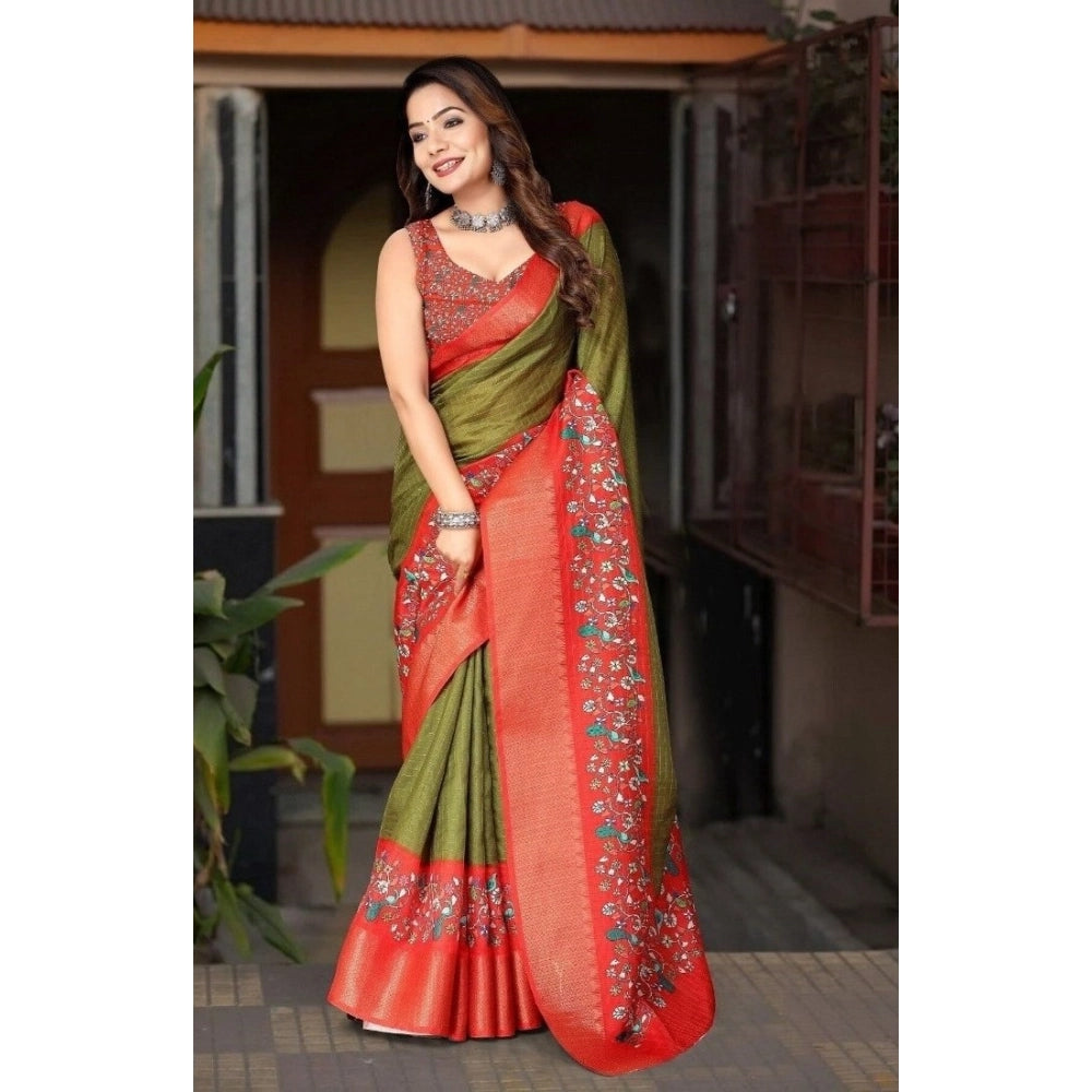 Generic Women's Cotton Silk Printed Saree With Unstitched Blouse 5.5Mtr (Green-Red)