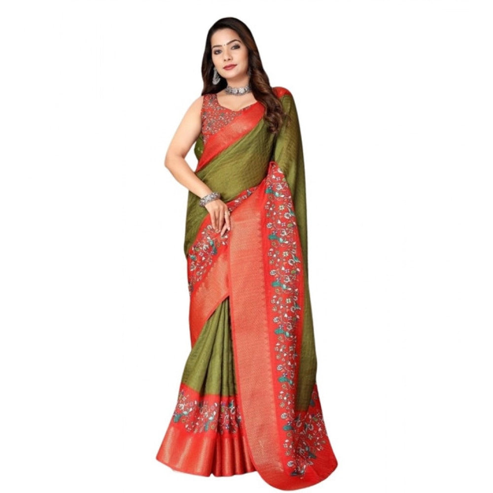 Generic Women's Cotton Silk Printed Saree With Unstitched Blouse 5.5Mtr (Green-Red)