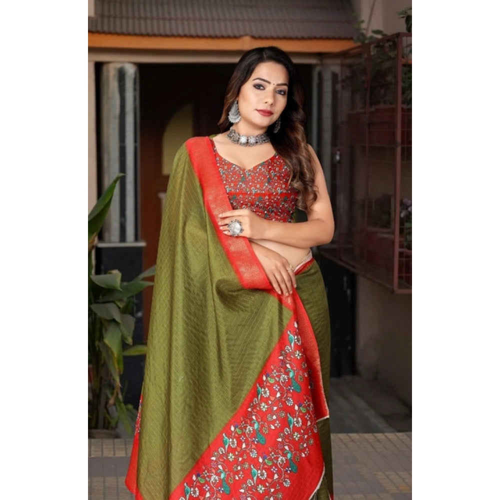 Generic Women's Cotton Silk Printed Saree With Unstitched Blouse 5.5Mtr (Green-Red)