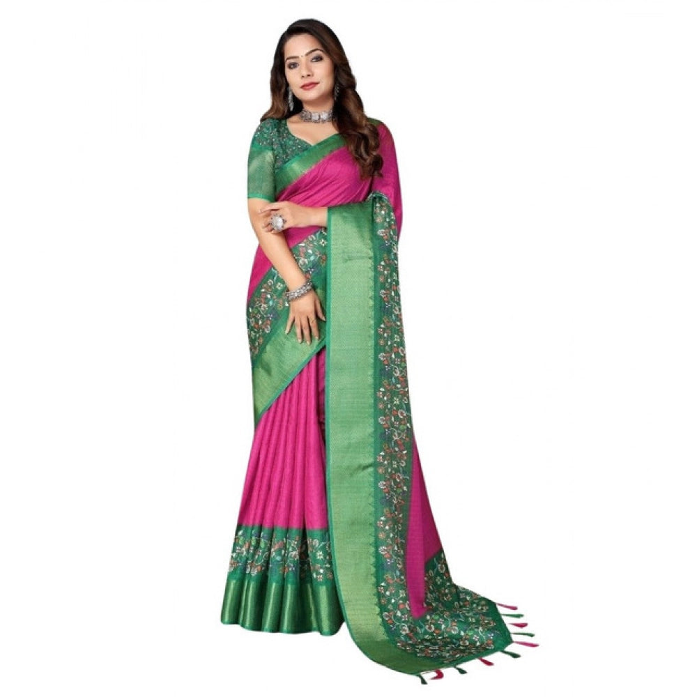 Generic Women's Cotton Silk Printed Saree With Unstitched Blouse 5.5Mtr (Multicolor)
