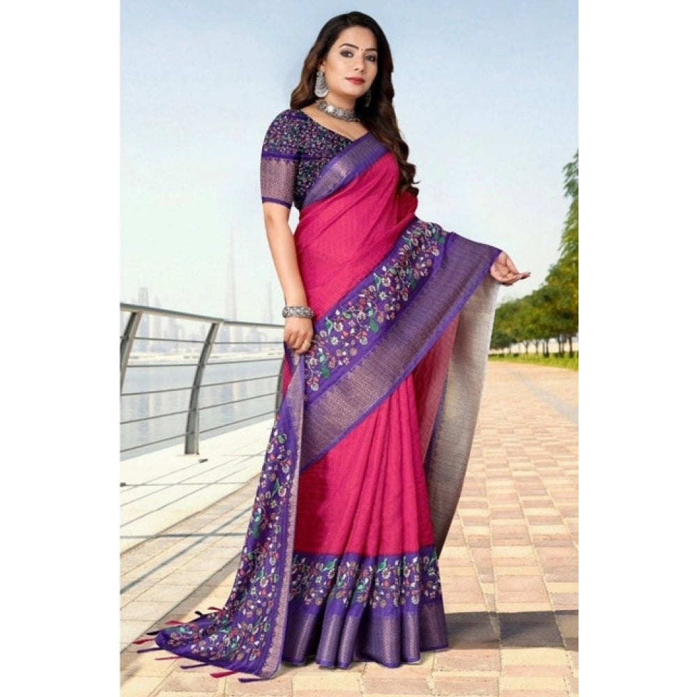 Generic Women's Cotton Silk Printed Saree With Unstitched Blouse 5.5Mtr (Multicolor)
