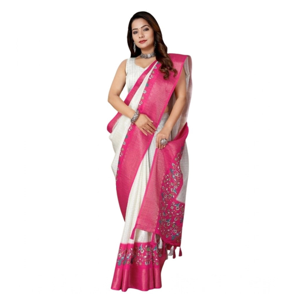 Generic Women's Cotton Silk Printed Saree With Unstitched Blouse 5.5Mtr (White-Pink)